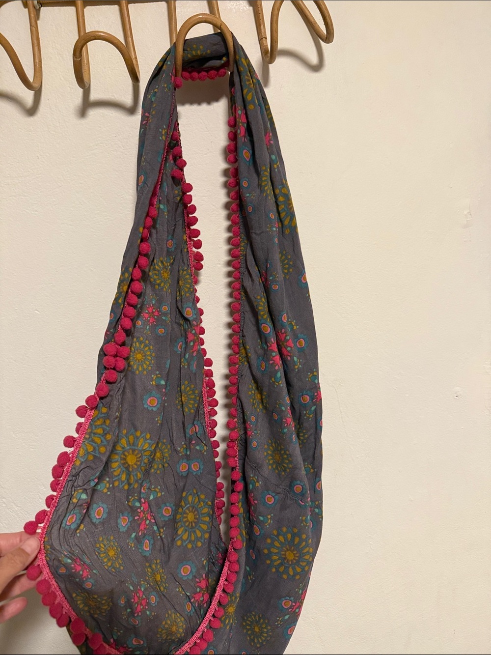 NATURAL LIFE Gray Floral Infinity Scarf with Pink Pom Trim